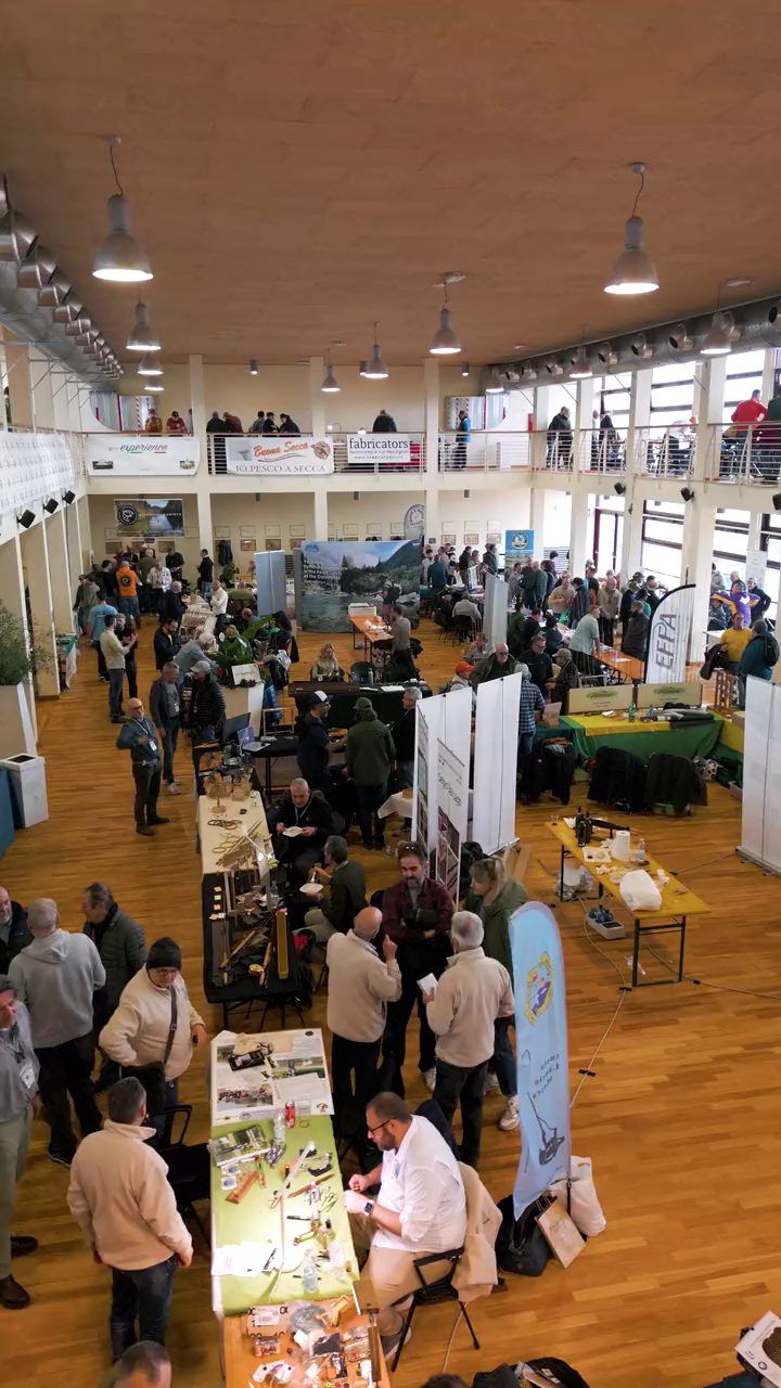 La sala gremita di visitatori e stand, vista dal ballatoio